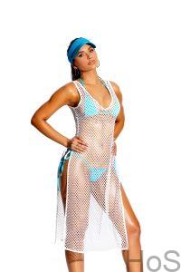 Crochet swim cover-up dress with side slits.